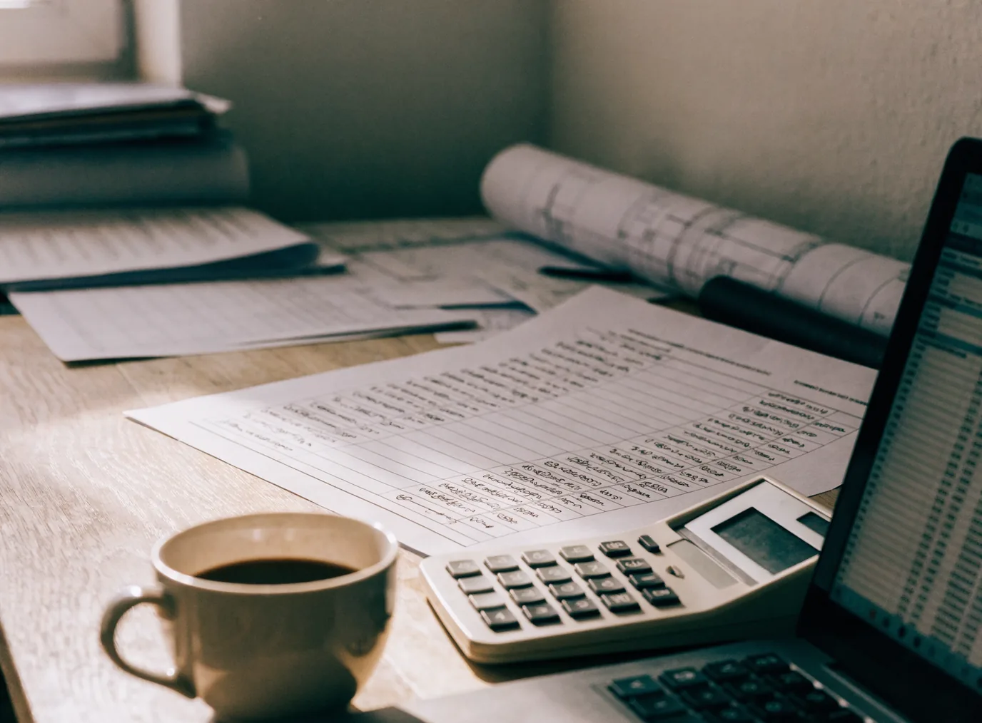 An estimator's desk with a printed bid worksheet covered in handwritten unit costs, a calculator, and a laptop showing a spreadsheet of line items