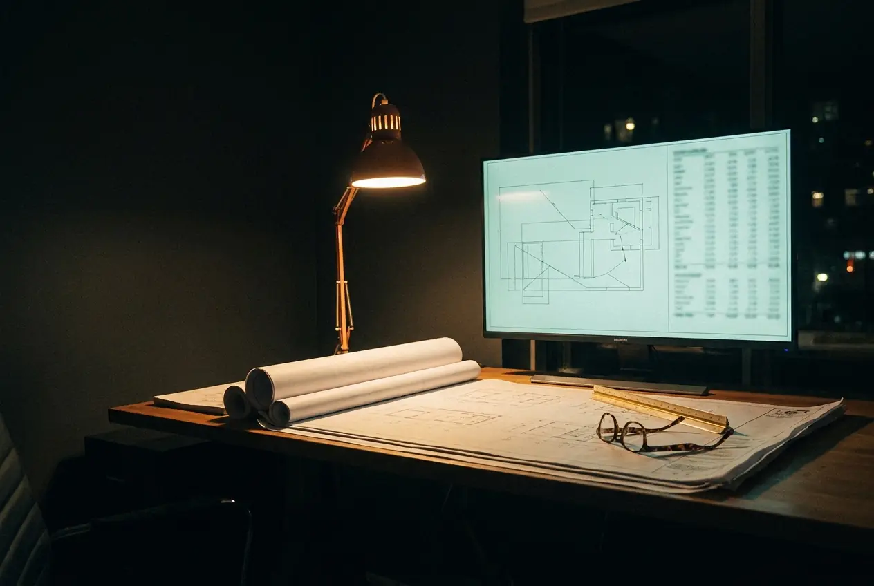 An architect's desk at night: a printed drawing set, scale ruler and reading glasses, beside a monitor showing a plan and its quantity schedule