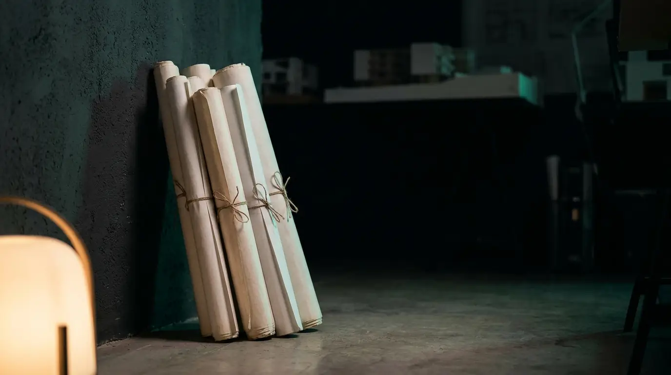 Rolled construction drawing sets stacked against a studio wall beside a lamp, with an architectural massing model behind them