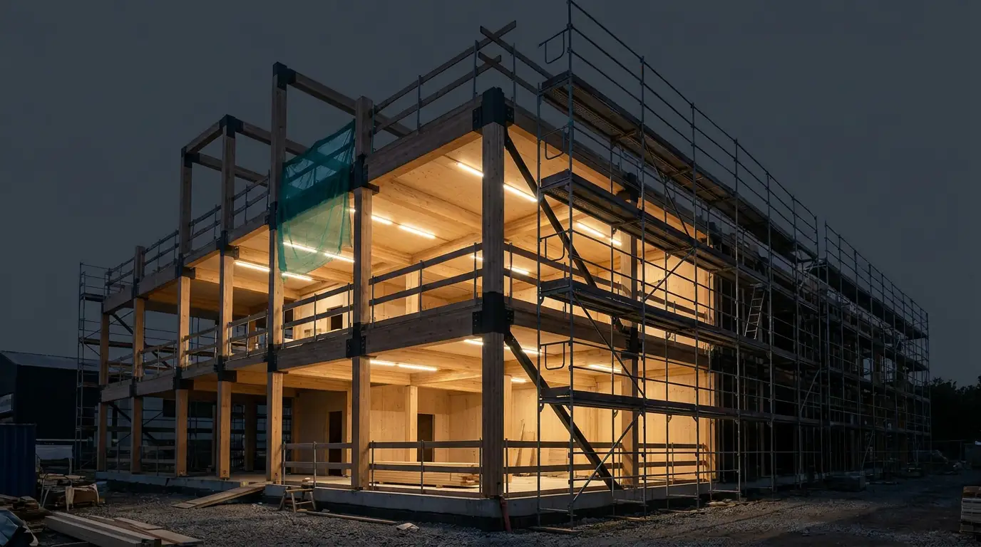 A mass timber building frame under construction at dusk, lit from within, wrapped in scaffolding
